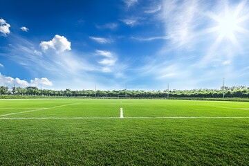 Green football field under blue sky background