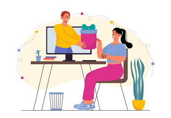 Woman with virtual gift. Client receives gift from company. Discounts and promotions, special offer. Marketing and advertising on internet. Flat vector illustration