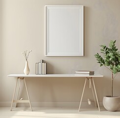 Minimalist Home Office Desk with Plant and Blank Frame