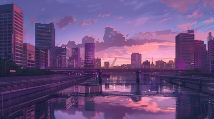Naklejka premium Cityscape at Twilight with a Bridge and River