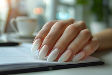 Elegant White Almond-Shaped Nails Resting on a Notebook with a Coffee in the Background