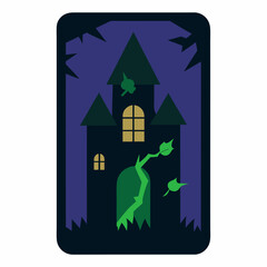 A tarot card depicting a haunted mansion with broken windows
