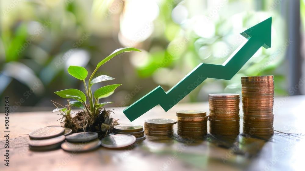 Wall mural a green arrow ascending above a growing plant and stacks of coin