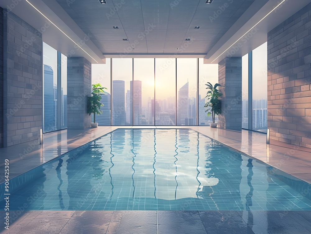 Poster Sleek and Sophisticated Indoor Pool with City Skyline Backdrop