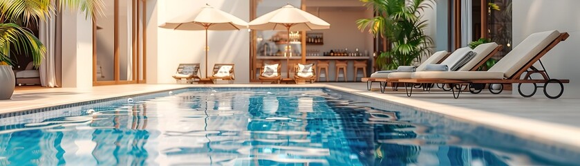 Obraz premium Elegant Poolside Retreat with Plush Lounge Chairs Umbrellas and Inviting Bar for Luxurious Relaxation