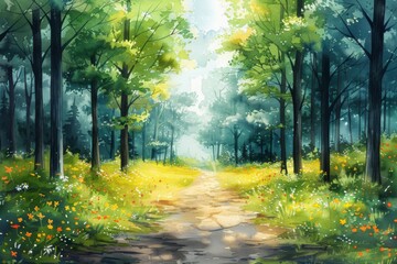Obraz premium Beautiful summer forest with path, beautiful landscape illustration.