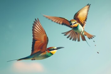 Fototapeta premium A pair of elegant European bee-eaters catching insects in mid-flight, with a blue sky background. 