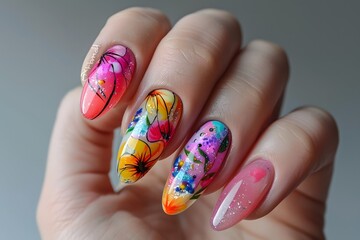 Vibrant Floral Nail Art with Colorful Designs and Glitter Accents
