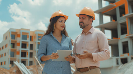 Hispanic female inspector talking to land development manager with tablet at real estate project construction site