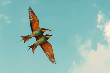 Obraz premium A pair of elegant European bee-eaters catching insects in mid-flight, with a blue sky background. 