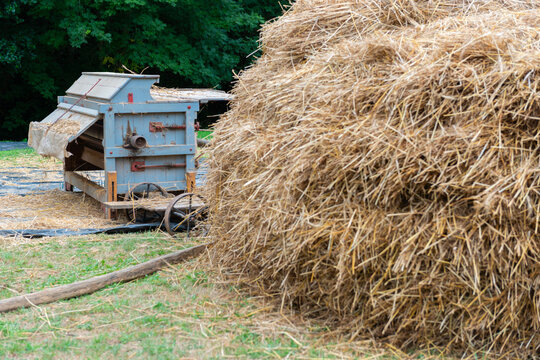 Traditional wheat processing equipment in a rural setting