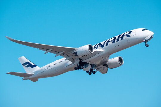 An Airbus A350, operated by the Finnish flag carrier Finnair, taking off from Helsinki-Vantaa airport.