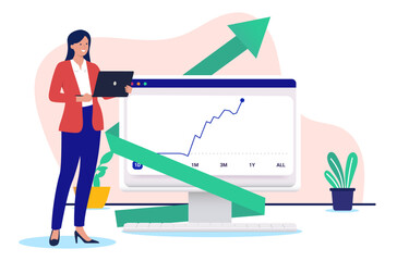 Return on investment - Woman investor person standing with computer watching stock market graph rising and going up. Successful investment concept in flat design vector graphic on white background