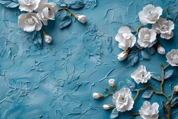 Blue and White Plaster Wallpaper with White Flowers and Decorative Elements, a Sophisticated Design for Elegant Interiors