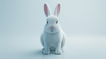 A White Rabbit Sitting on a Light Blue Background