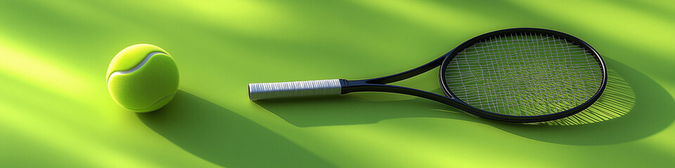 tennis ball with racket on green background. Sport and healthy lifestyle. The concept of outdoor game sports.