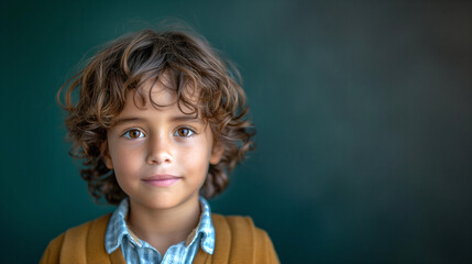 copy space happy real back-to-school portrait. A small schoolboy stands in a classroom, with a dark green school board behind him.