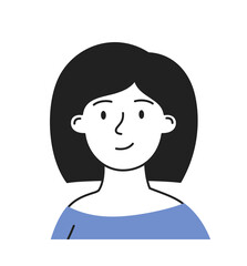 Minimalist social media avatar. Cute teen girl in blue dress. Picture for social networks and messenger. Icon for website. Template and layout. Linear vector illustration