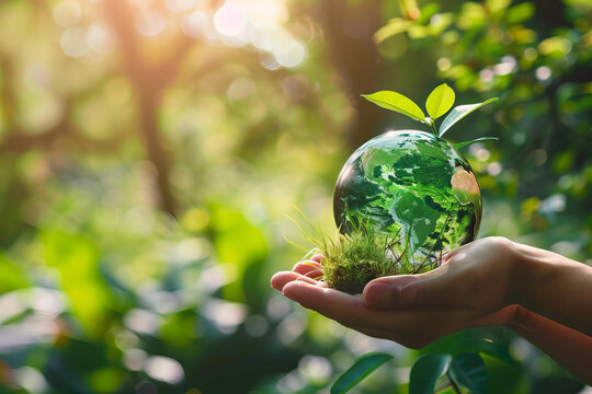 Tree in heart shape grows on crystal glass globe in hand on green background.