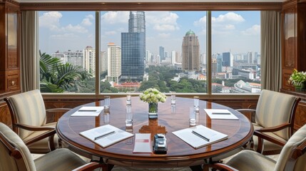 Obraz premium Elegant boardroom with a city view, featuring a round table, chairs, notepads, and water bottles, ideal for business meetings and conferences.