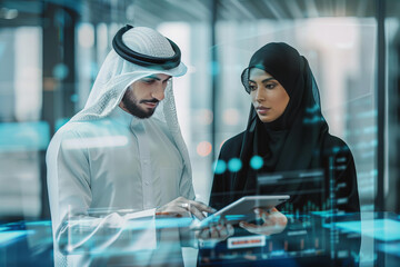 Businessman in Kandora clothes and businesswoman in traditional Abaya dress checking report on tablet during a meeting in futuristic conference room with virtual holograms.