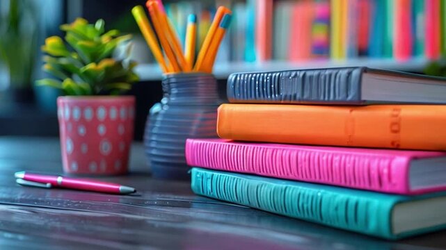 A close-up image of a neatly stacked pile of colorful textbooks and notebooks on a dark wooden table, with a pink pen and a potted plant in the background.