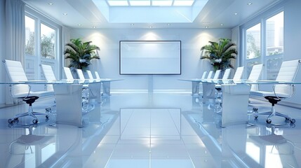 Fototapeta premium Modern conference room with large windows, sleek furniture, and a clean, bright design perfect for meetings and presentations.