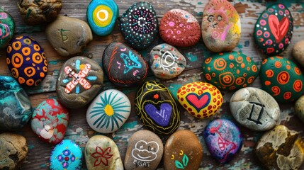 A variety of hand-painted rocks with vibrant designs are arranged neatly on a rustic wooden surface, showcasing creativity and artistic expression