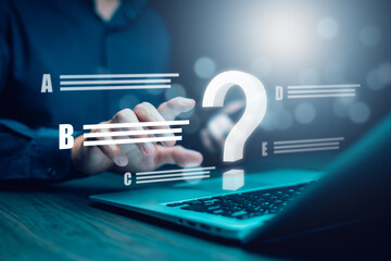Ask question online concept, Businessman hand hold interface question marks sign web, Question...