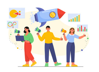 Business team with start up. Man and women with loudspeakers near rocket. Partnership, collaboration and cooperation. Brainstorming and discussion. Flat vector illustration