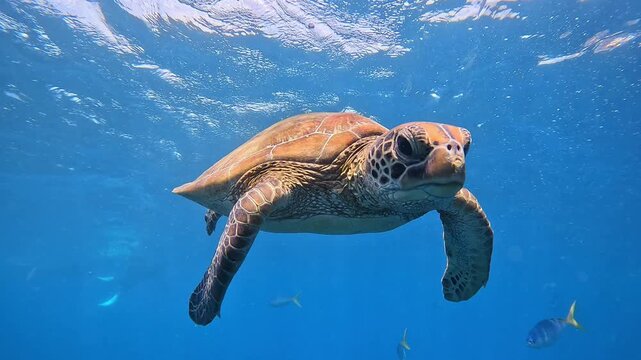 Swimming cute turtle in the blue ocean. Underwater scuba diving with sea turtle