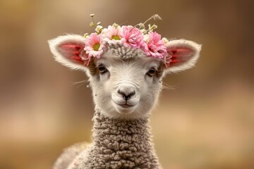 Obraz premium A baby lamb with a flower crown on its head. The lamb is looking at the camera with a smile