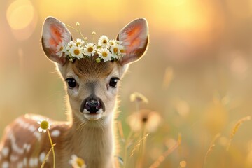 Fototapeta premium A baby deer with a flower crown on its head. The image has a light and playful mood, with the deer looking cute and innocent