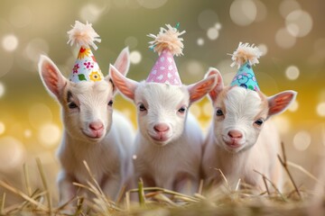 Fototapeta premium Three baby goats wearing party hats. The goats are standing in a field of hay. Scene is lighthearted and fun