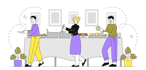 Catering service concept. Men and women put food on plates. Buffet serving at banquet. People in restaurant or cafe. Kitchen with eating. Linear vector illustration