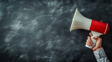 Close-up of a hand holding a red megaphone on a blackboard background for Marketing and Advertising