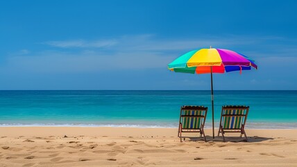 Two lounge chairs with sun umbrella on a beach. Generative IA