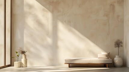 Obraz premium Beige wall with a minimalist daybed and vases, warm sunlight for Marketing and Advertising