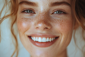Minimalist image of a person smiling with a set of pearly white teeth, set against a clean white background,