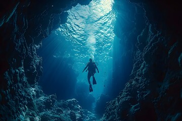 Exploring the Depths: A Diver in a Serene Underwater Cave