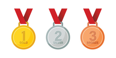 Gold, silver, bronze medals icons set in flat style. Trophy award vector illustration on isolated background. Winner sign business concept.