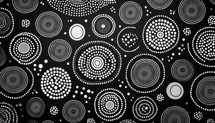 Black and white hand drawn pattern, polka-dotted art in Aboriginal style. Abstract shapes.