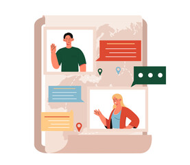 Couple with remote communication. Man and woman communicate on social networks and messengers. Application for romantic date. Friedly chatting online. Flat vector illustration