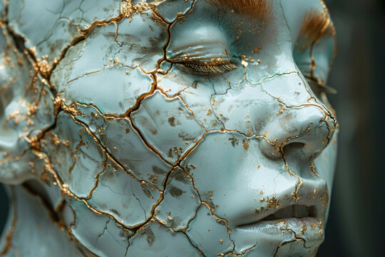 Kintsugi is traditional art of Japan, helps to restore person psychological trauma, golden crack scars close-up.