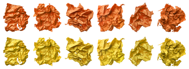 Collection set of orange yellow mustard crumple wrinkle crushed scrunch irregular shape paper on transparent background cutout, PNG file. Many different design. Mockup template artwork graphic