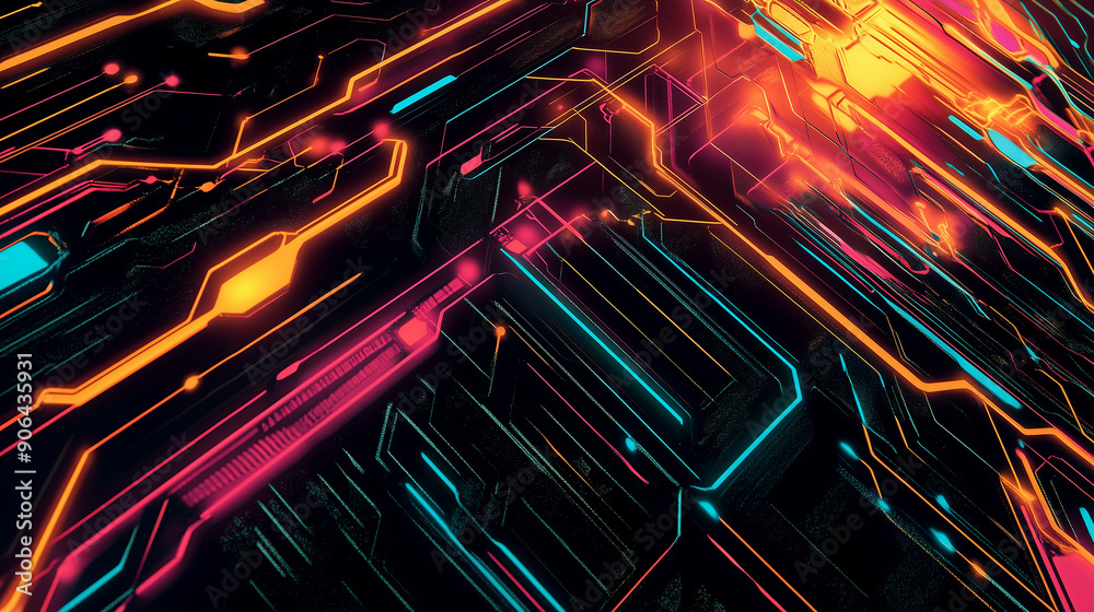 Wall mural a colorful, neon-lit image of a cityscape with a futuristic feel. the bright colors and patterns cre