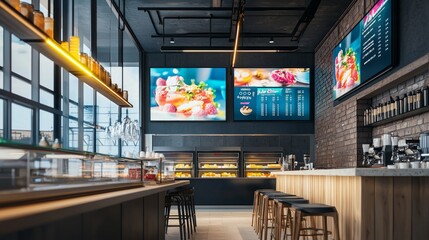 Blank mock up for menu board display screen, for restaurant cafe food business. Warm cozy atmosphere