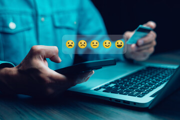 Experience of Customers and Users give ratings on online service on application smartphone, Satisfaction feedback and review give best quality good product survey ranking in top online business.