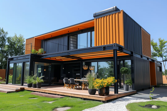 Modern sustainable shipping container house on a sunny day
