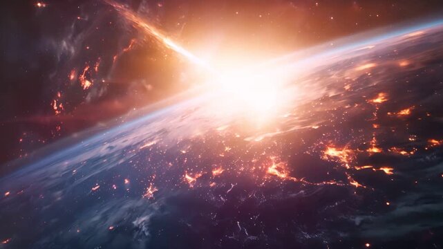 A fiery meteor streaks towards Earth, leaving a blazing trail in its wake.  The impact threatens to unleash chaos and destruction.